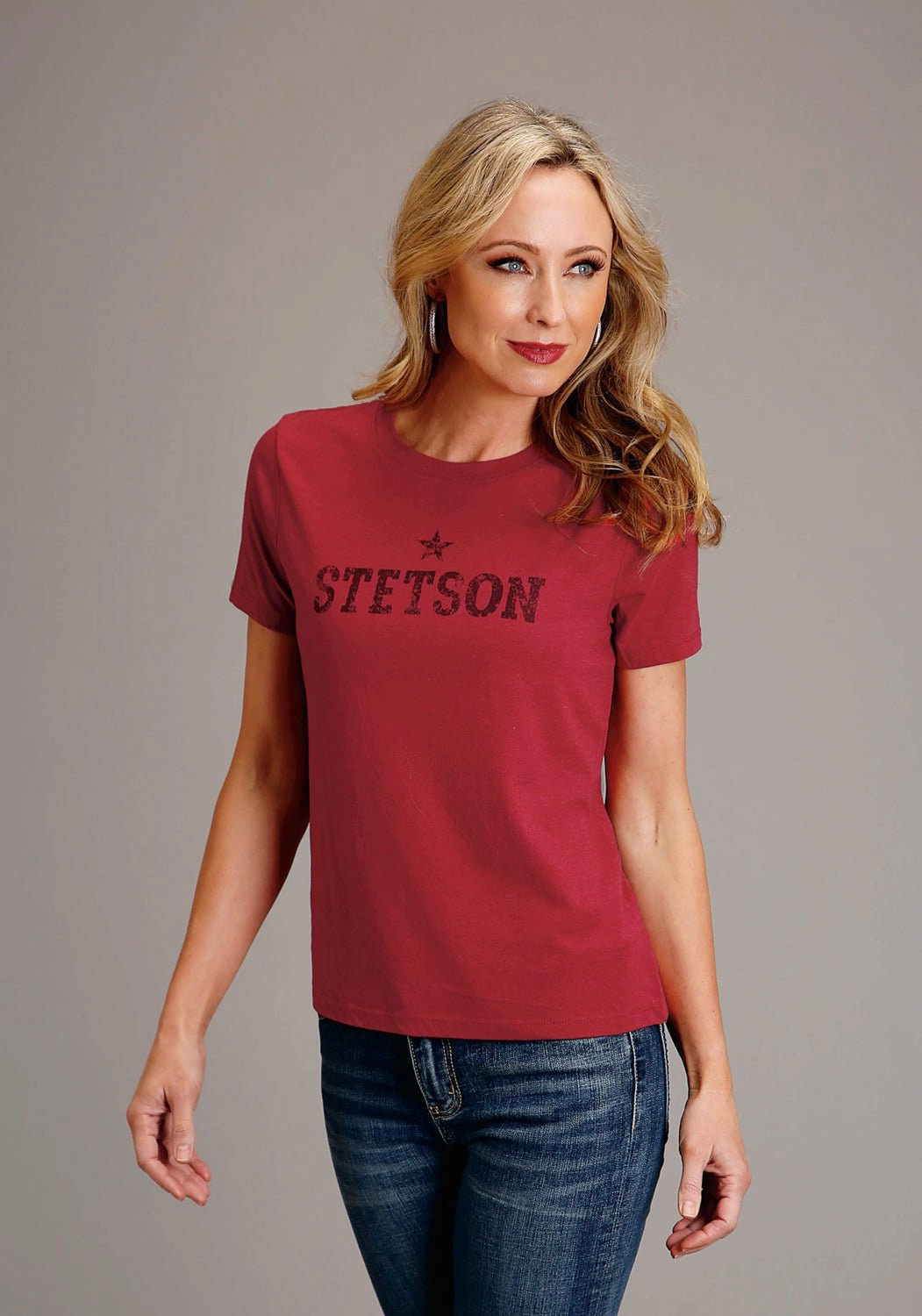Structured Collar Lightweight Material Stetson Womens Star Screenprint Red Cotton Blend S/S T-Shirt