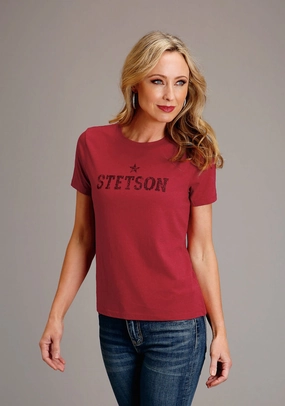 Premium Feel Ribbed Trim Stetson Womens Star Screenprint Red Cotton Blend S/S T-Shirt