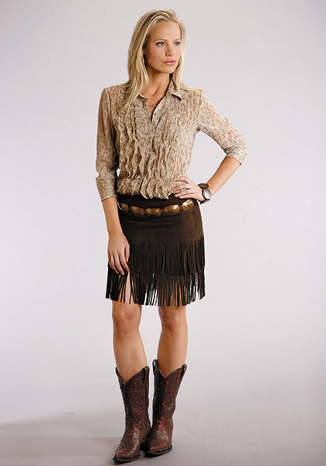Stetson Womens Suede Fringe Brown Leather Skirt Elasticized Hem