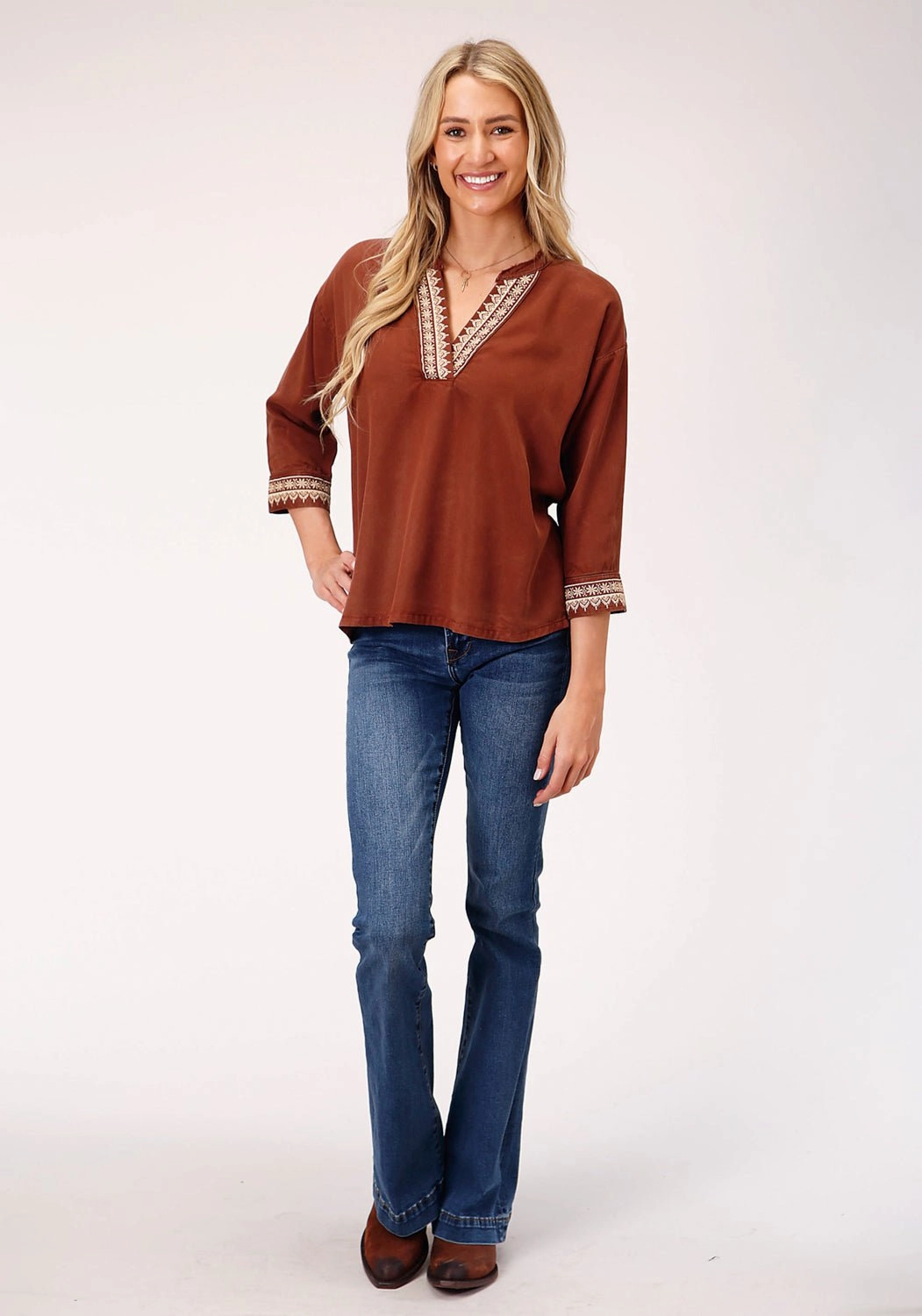 Stetson Womens Tobacco Denim Peasant 3/4 Sleeve Blouse Tailored Fit