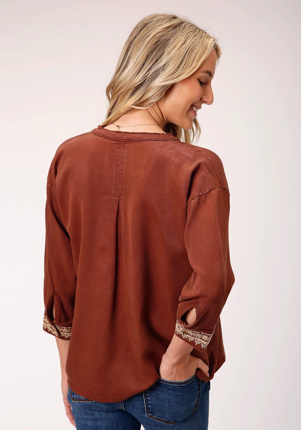 Seamless Shoulder Stetson Womens Tobacco Denim Peasant 3/4 Sleeve Blouse