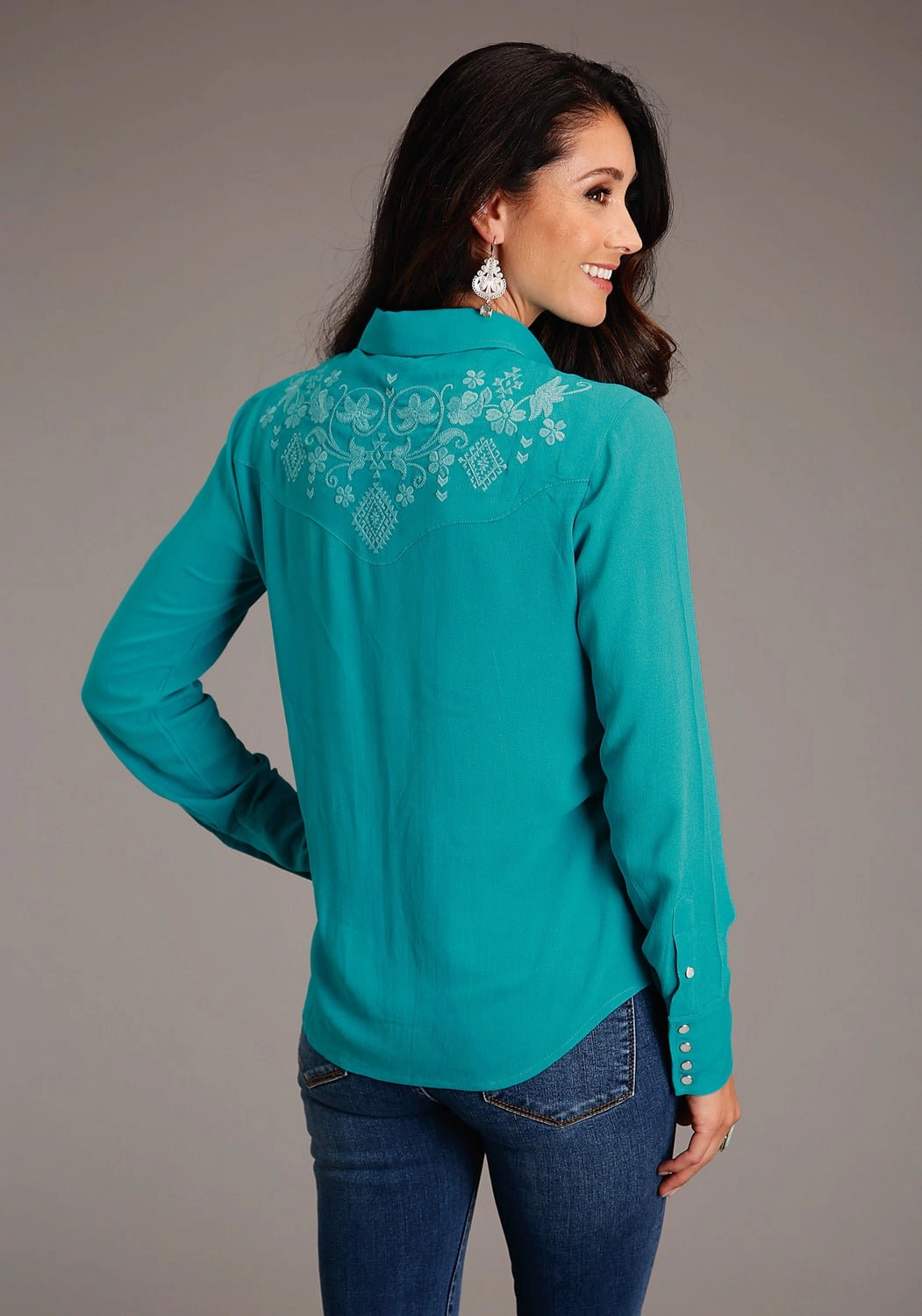 Sustainable Choice Stetson Womens Turquoise Western Embroidered Blue Rayon Blend L/S Blouse