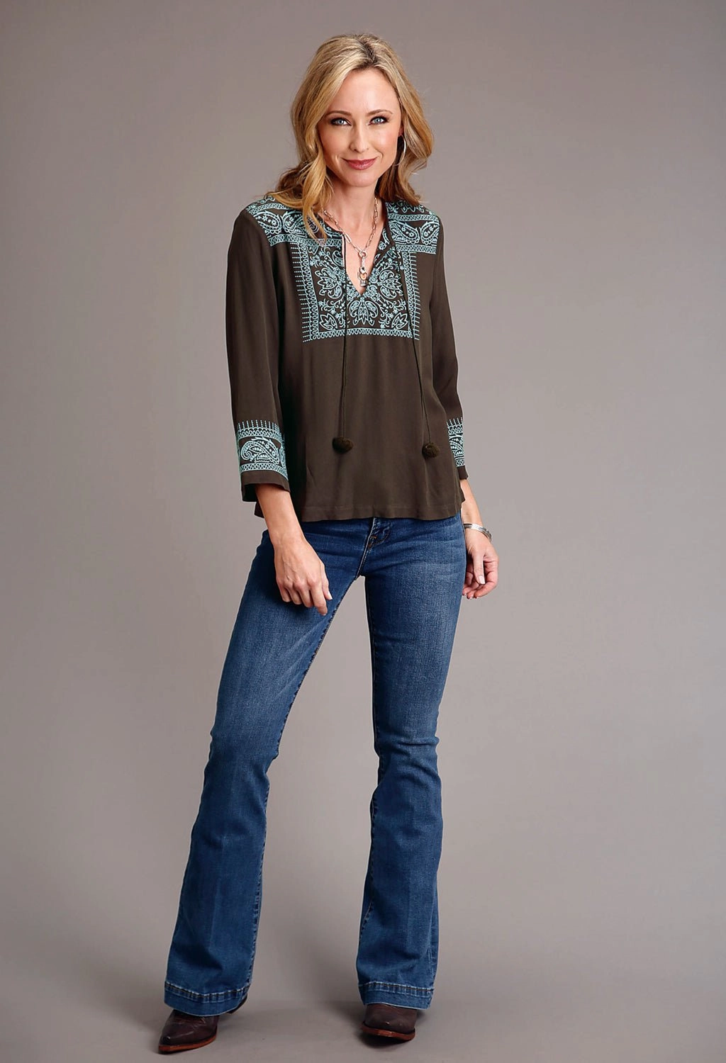 Animal Print Abrasion Resistant Edges Stetson Womens Twill V-Neck Chocolate 100% Rayon L/S Blouse