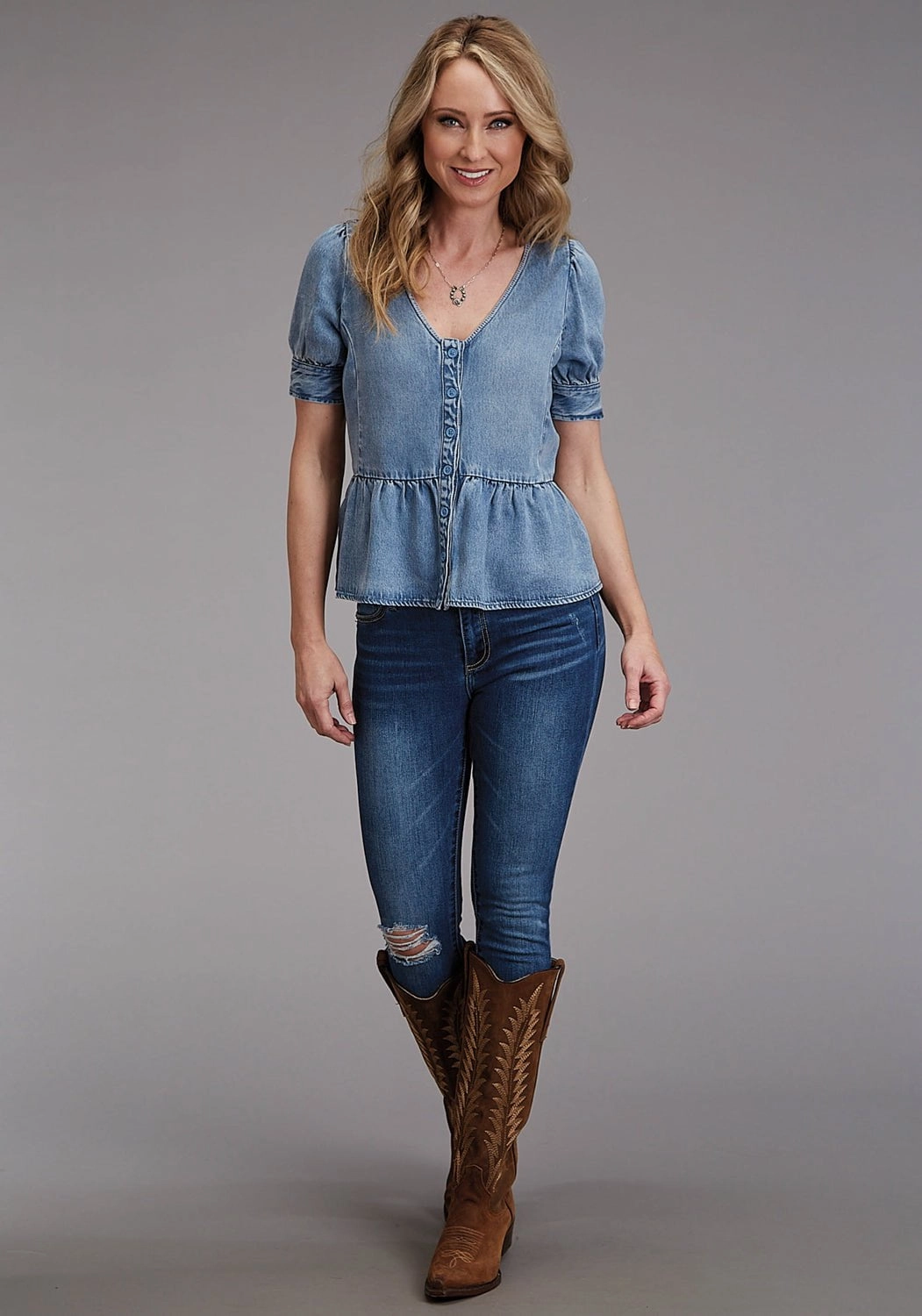 Hypoallergenic Lining Weekend Adventure Stetson Womens V-Neck Baby Doll Blue Lyocell S/S Blouse