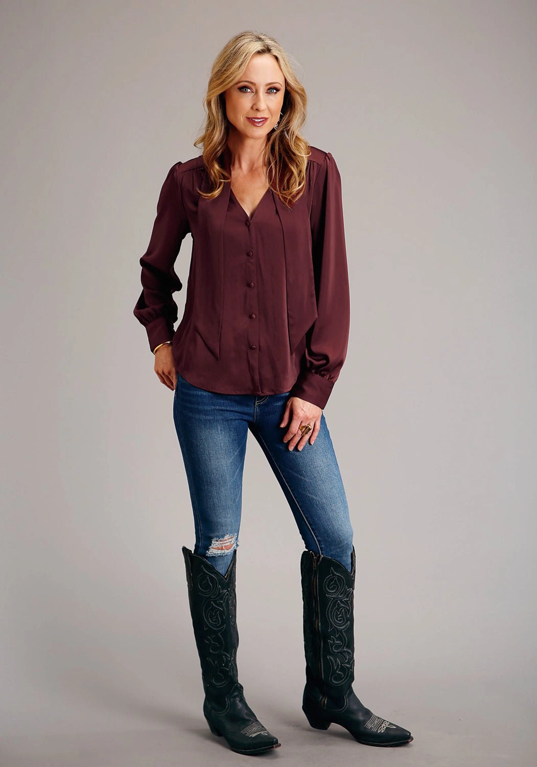 Stetson Womens V-Neck Satin Wine Poly/Rayon L/S Blouse V-neck style Easy Styling