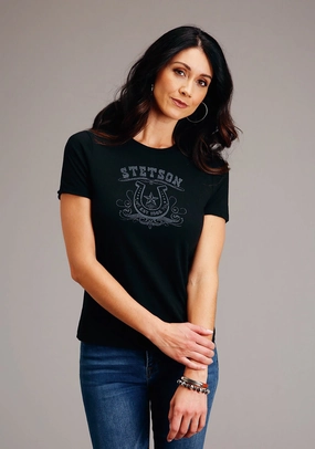 Stetson Womens Vintage Black Cotton Blend Horseshoe S/S T-Shirt Snug feel Coffee Run