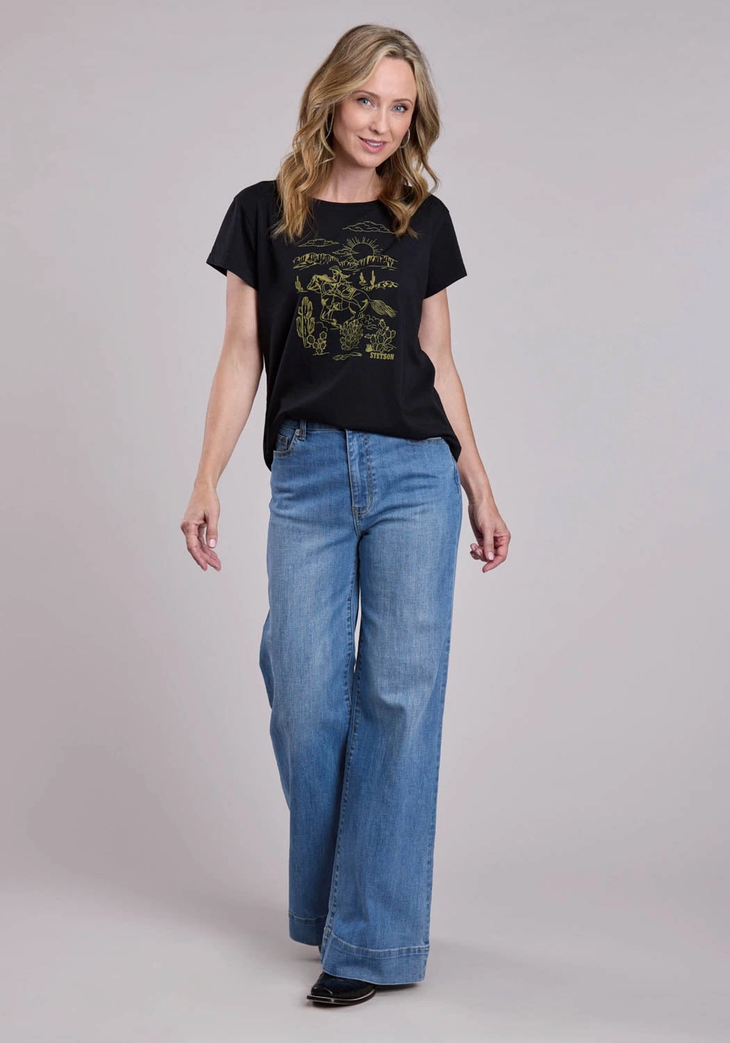 Business casual Abstract print Stetson Womens Vintage Cowgirl Scene Black Cotton Blend S/S T-Shirt