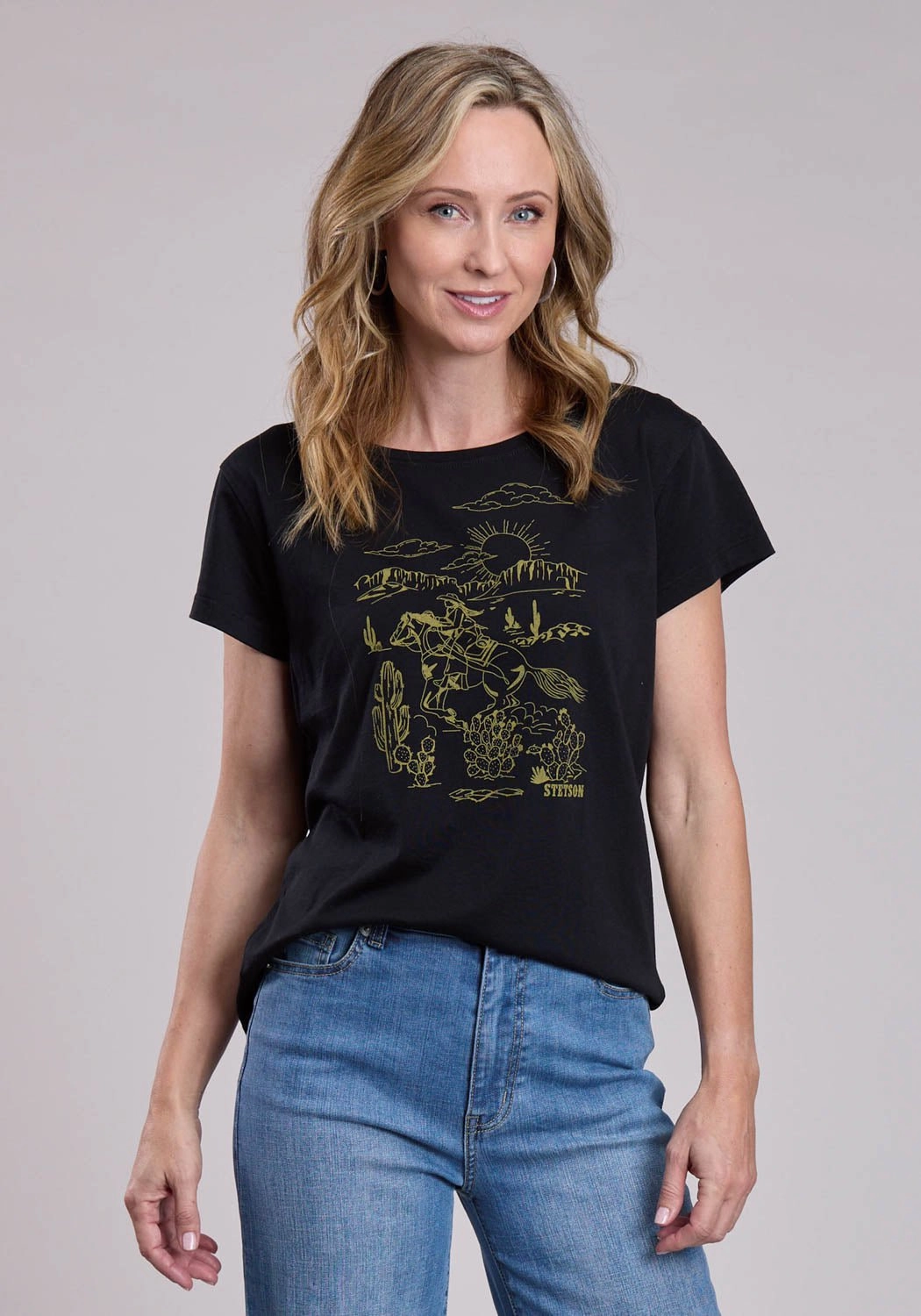 Stetson Womens Vintage Cowgirl Scene Black Cotton Blend S/S T-Shirt Bold Pattern