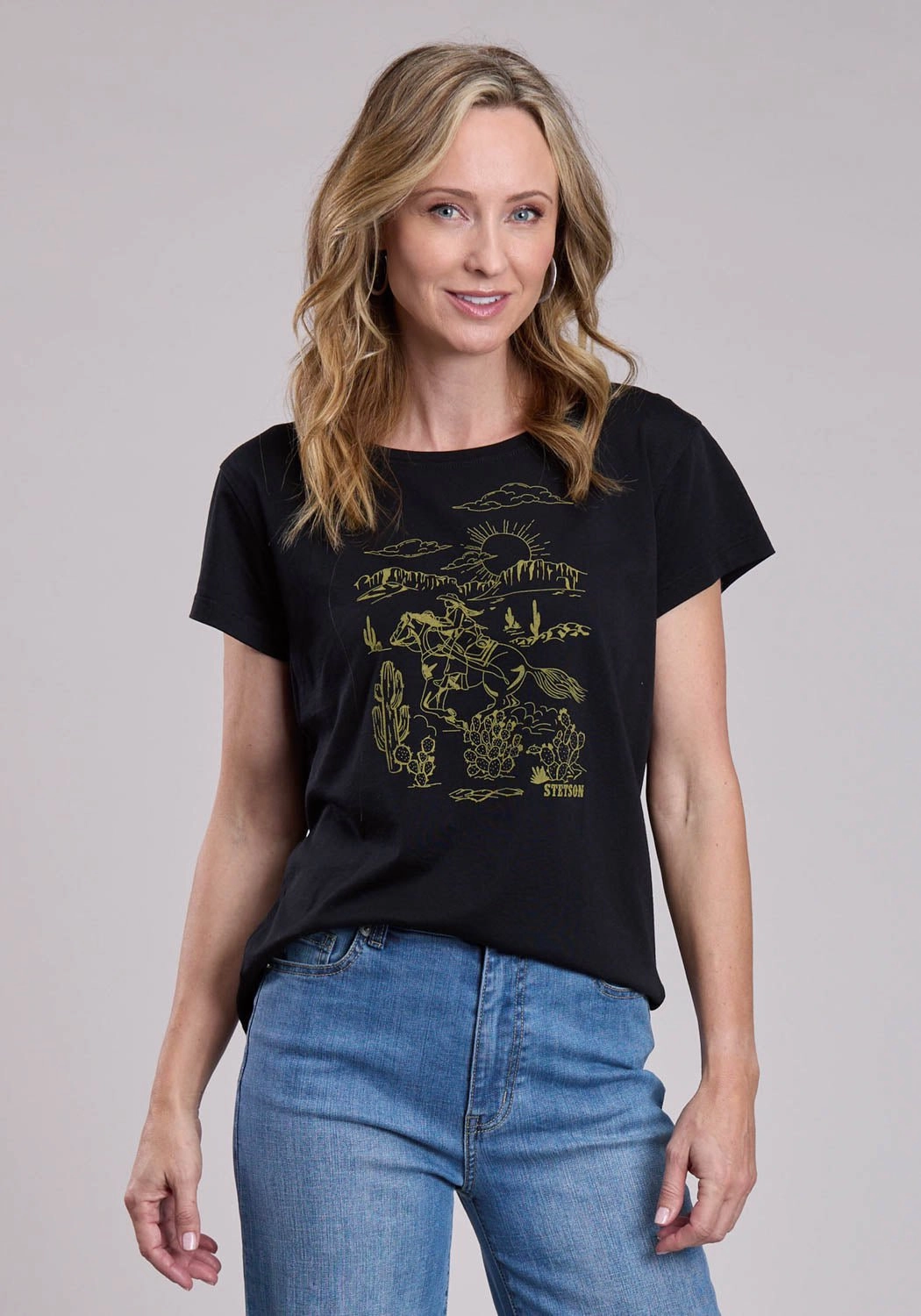Stetson Womens Vintage Cowgirl Scene Black Cotton Blend S/S T-Shirt Temperature Regulating