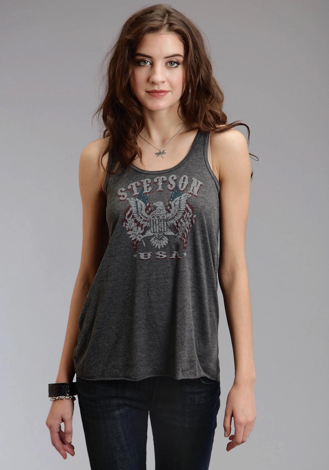 wrinkle free Non Static Finish Stetson Womens Vintage Eagle Grey 100% Cotton S/L Tank Top