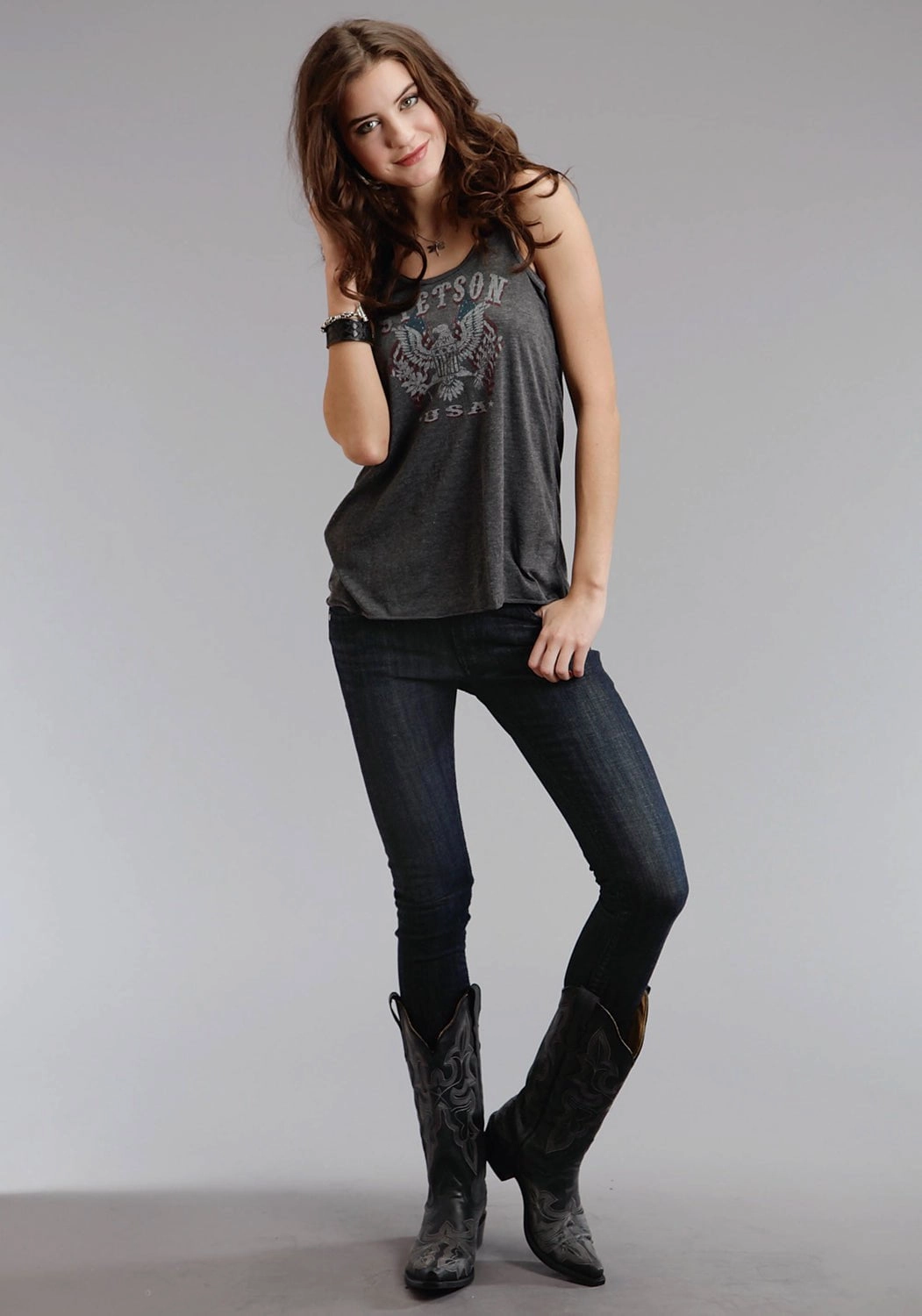 Stetson Womens Vintage Eagle Grey 100% Cotton S/L Tank Top Winter Fashion