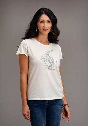 Stetson Womens Vintage White 100% Cotton Lady Bronc Rider S/S T-Shirt Thermoregulating Layer