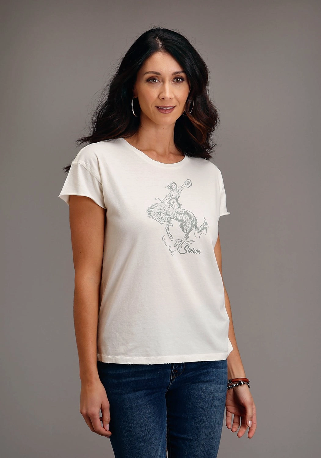 Stetson Womens Vintage White 100% Cotton Lady Bronc Rider S/S T-Shirt Weekend Casual