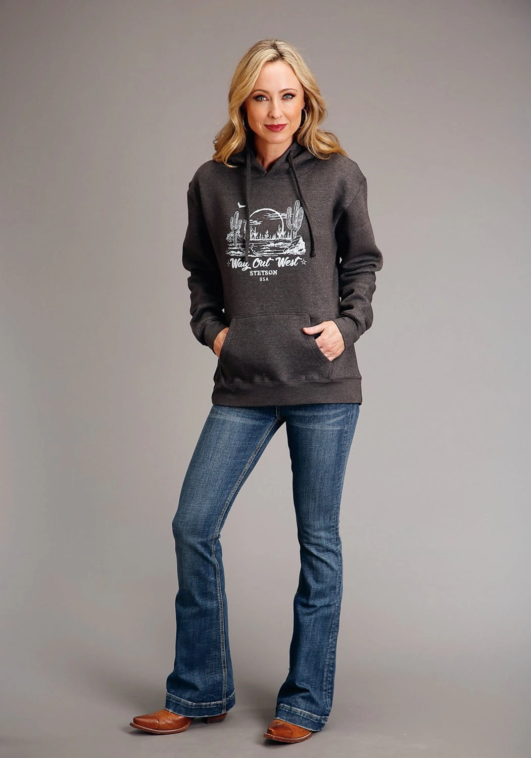 Flatlock stitching Stetson Womens Way Out West Grey Cotton Blend Hoodie