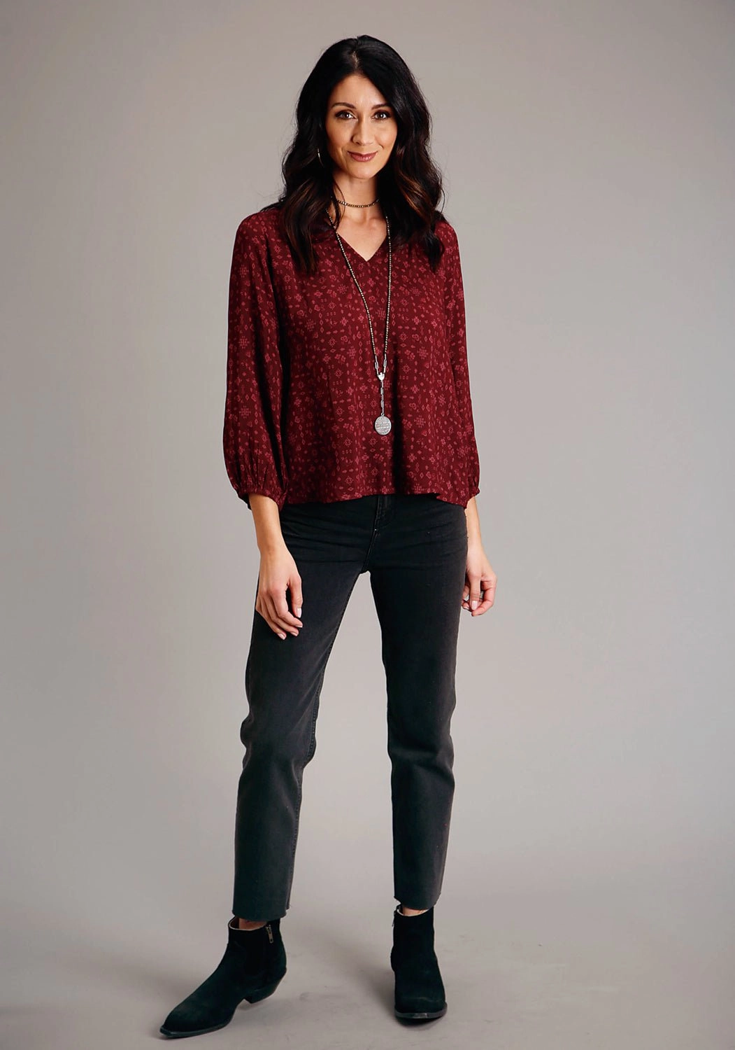 Comfort First Fit Stetson Womens Western Ditzy Wine Rayon/Nylon L/S Tunic