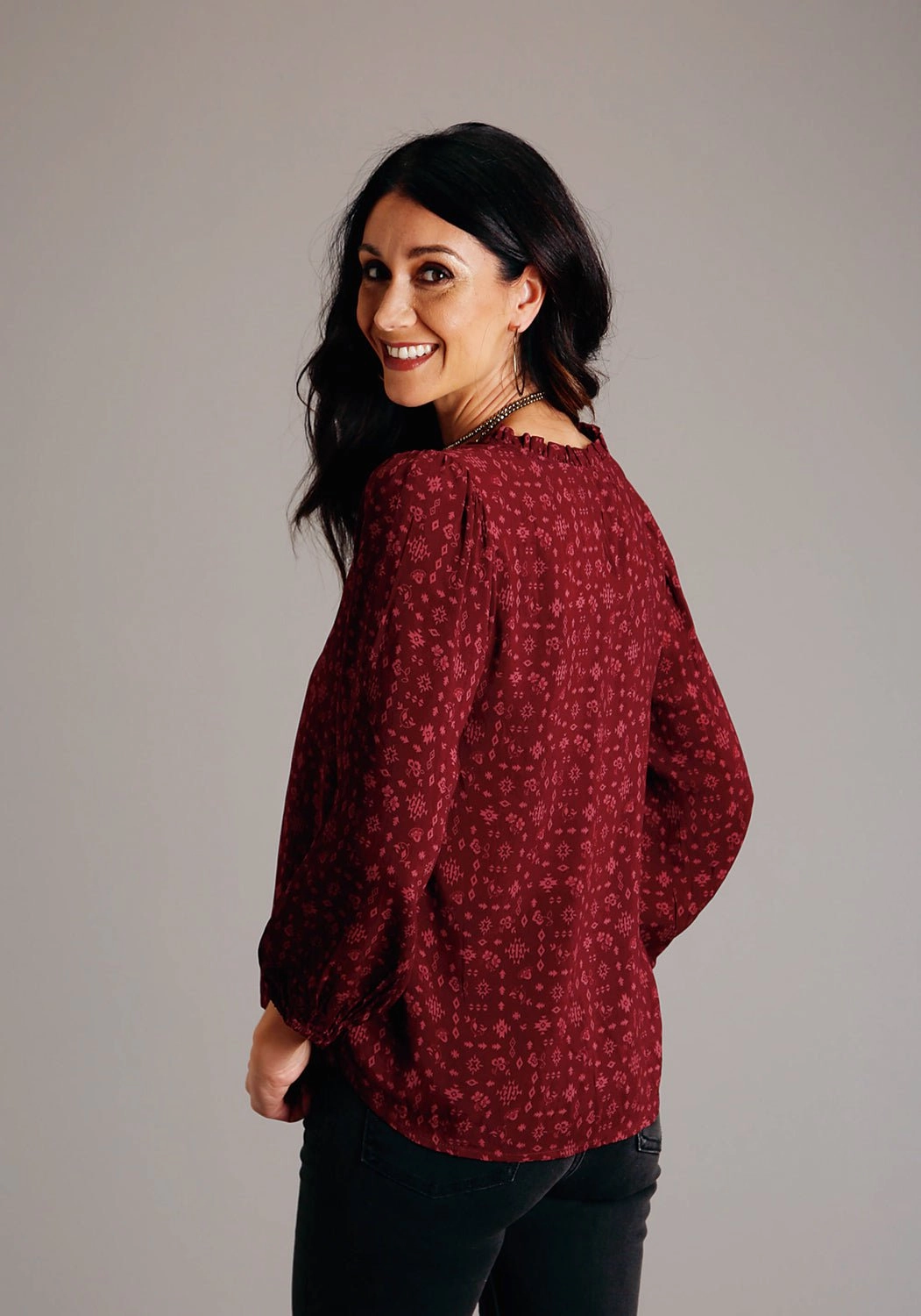 Stetson Womens Western Ditzy Wine Rayon/Nylon L/S Tunic Trendy Pattern Casual Elegance