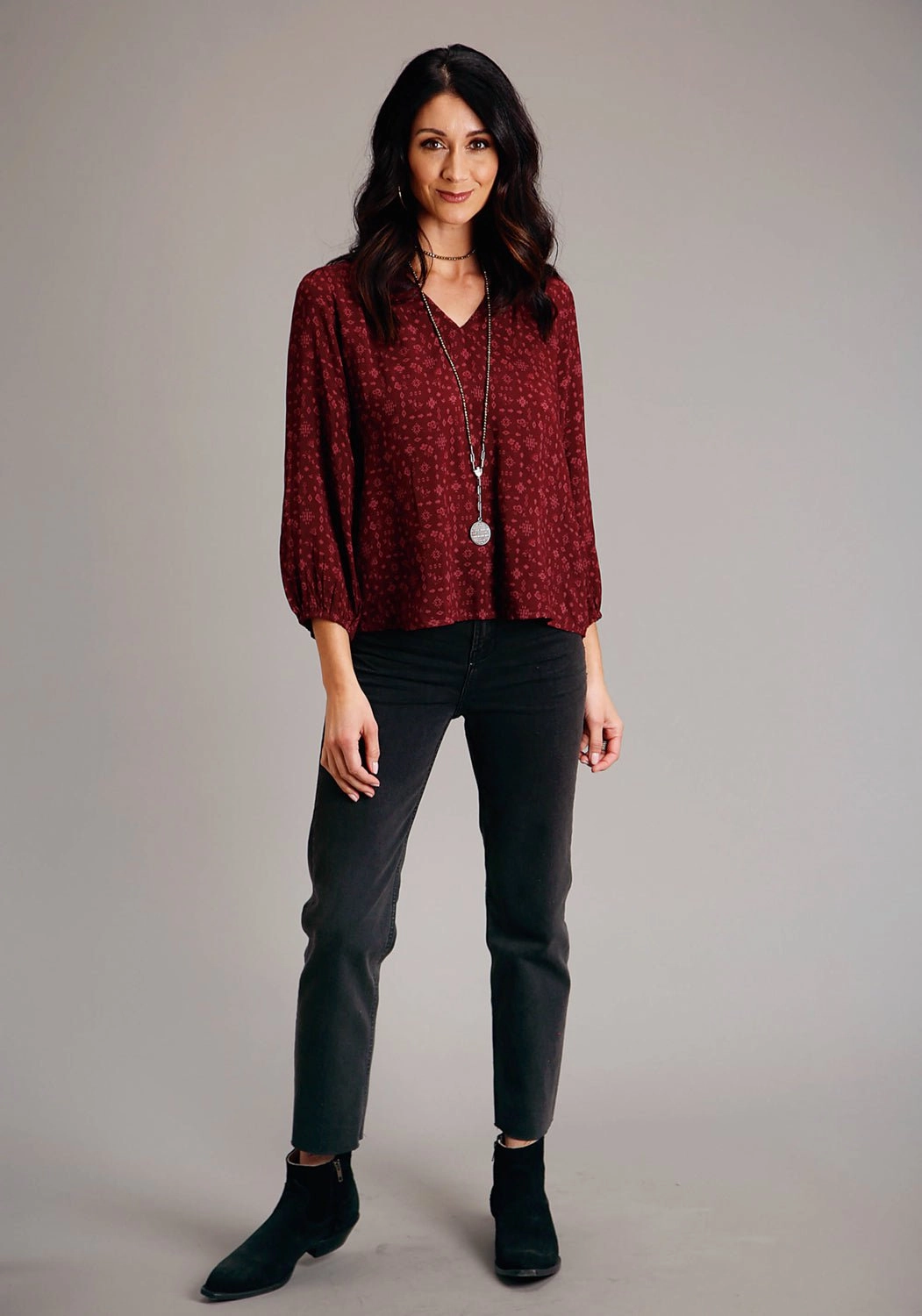 Stetson Womens Western Ditzy Wine Rayon/Nylon L/S Tunic Holiday Gift