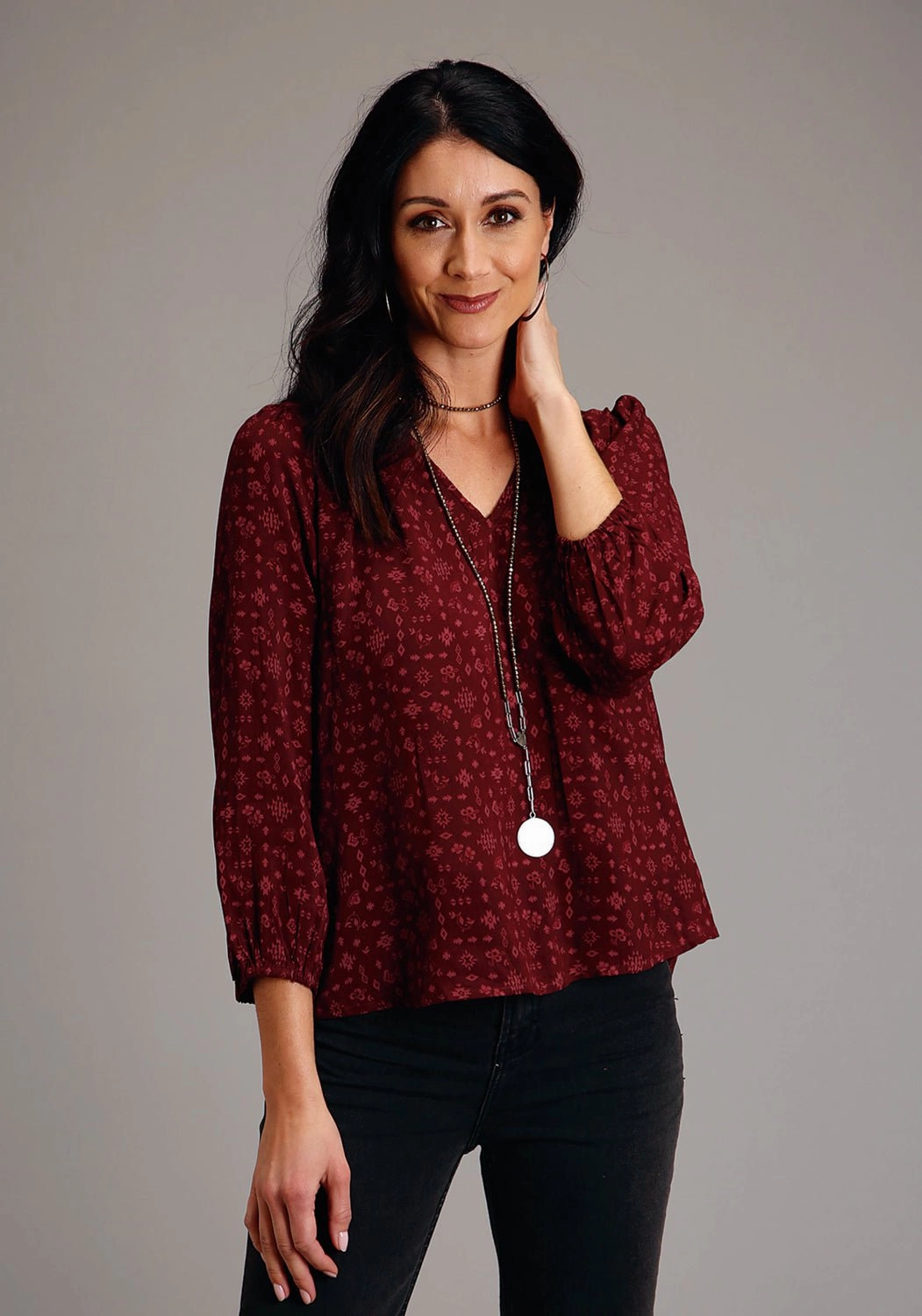 Stetson Womens Western Ditzy Wine Rayon/Nylon L/S Tunic Smooth Texture Customizable Option