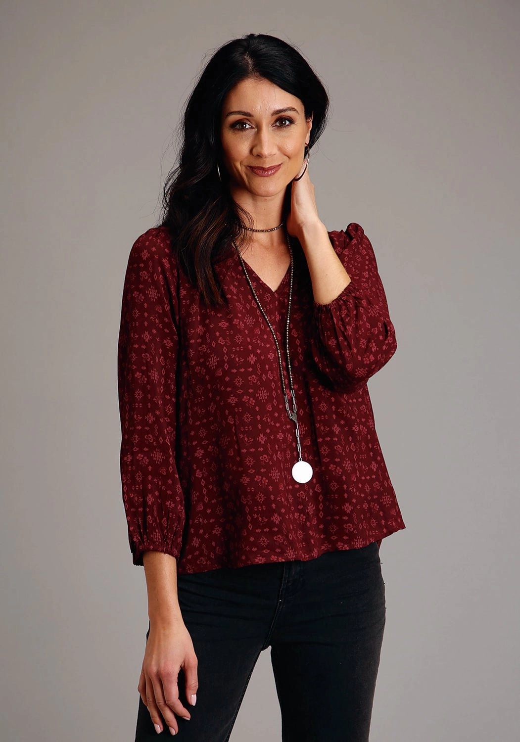 Stetson Womens Western Ditzy Wine Rayon/Nylon L/S Tunic Rooftop Bar shopping spree