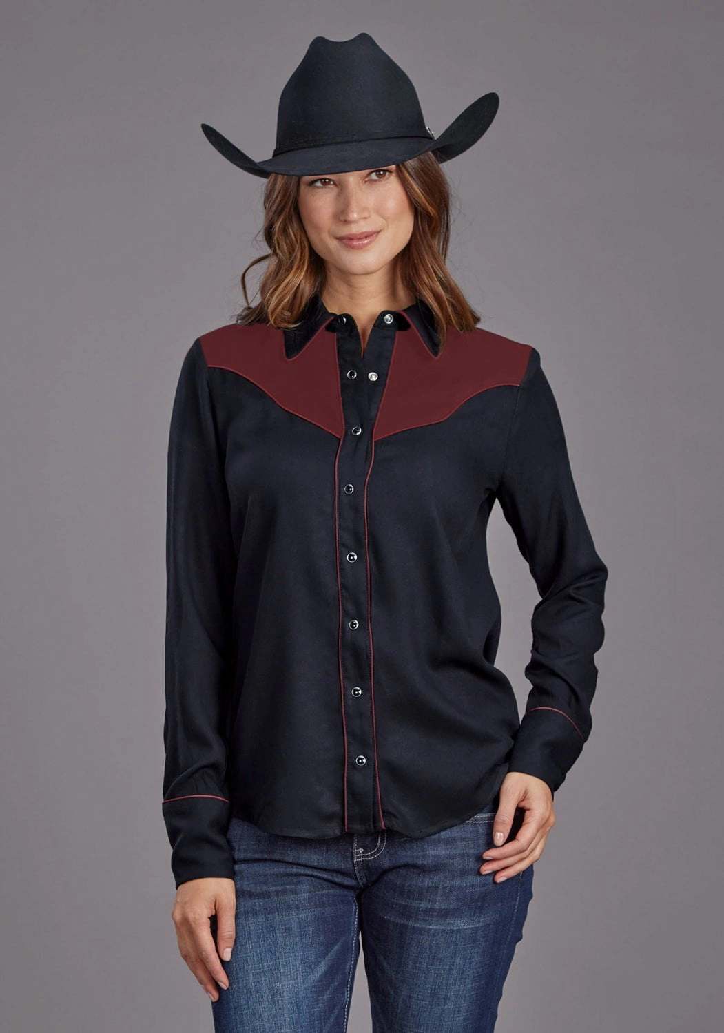 Stetson Womens Western Fancy Yoked Black/Wine 100% Rayon L/S Blouse Durable Thread Construction
