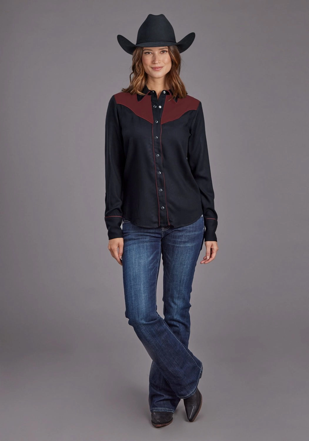 Urban Fashion Stetson Womens Western Fancy Yoked Black/Wine 100% Rayon L/S Blouse