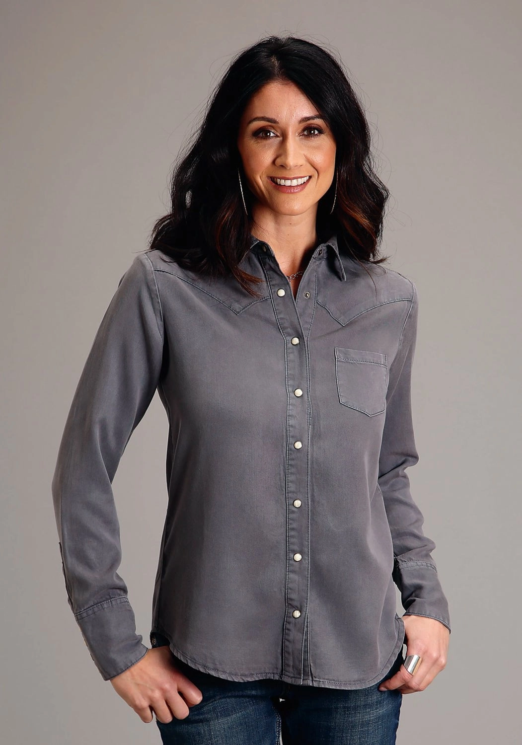 Stetson Womens Western Twill Grey Lyocell L/S Blouse Exclusive Collection Designer Touch