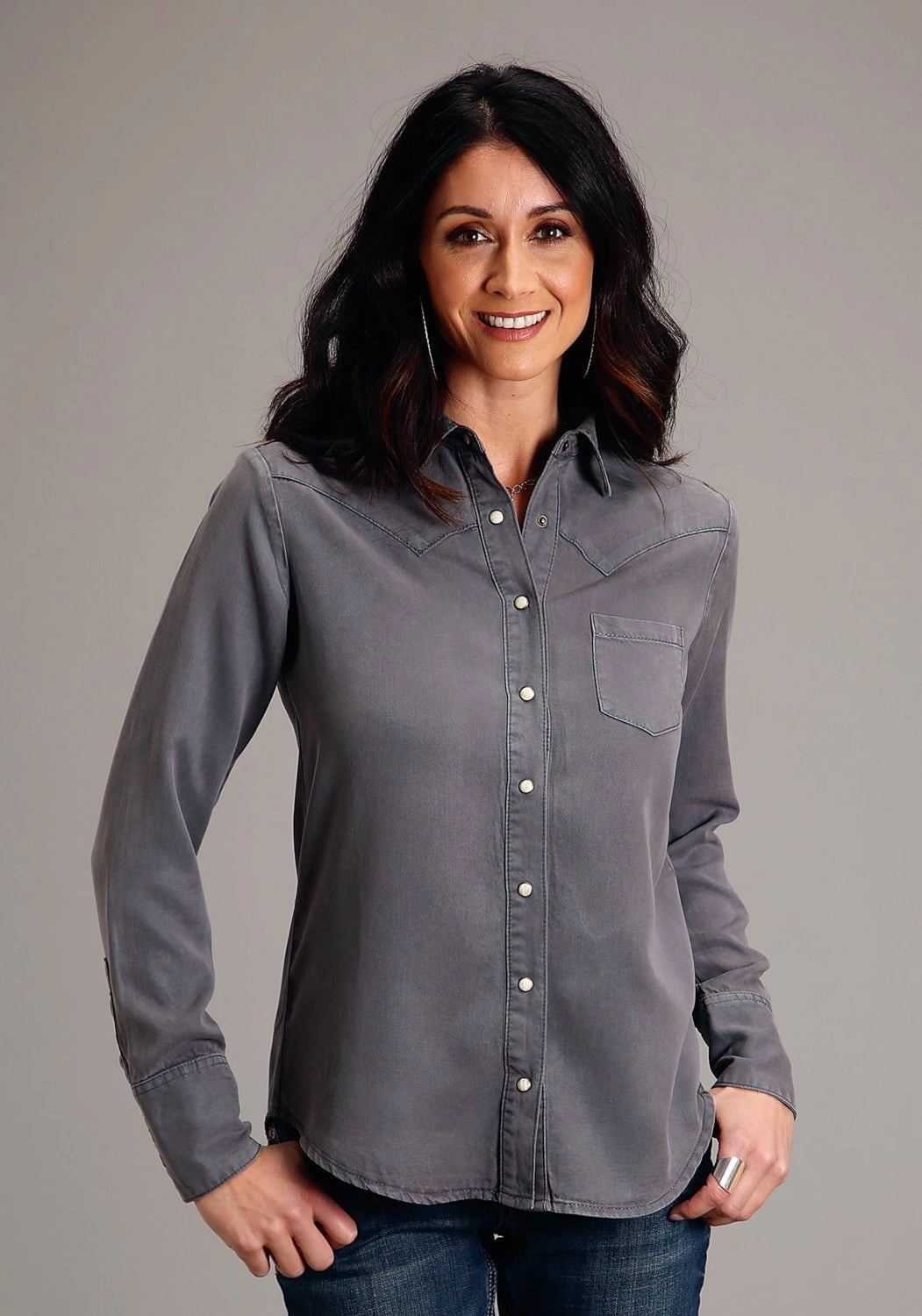Stetson Womens Western Twill Grey Lyocell L/S Blouse Stretchable Cloth Reinforced Elbow Patches