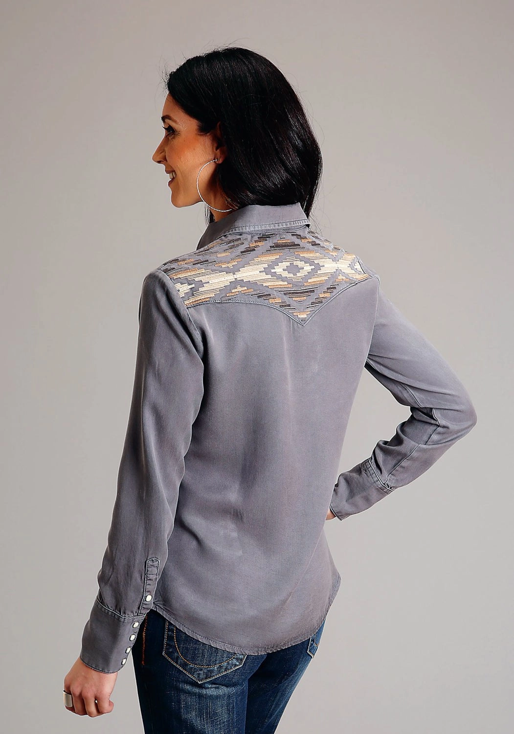 Stetson Womens Western Twill Grey Lyocell L/S Blouse High Neck