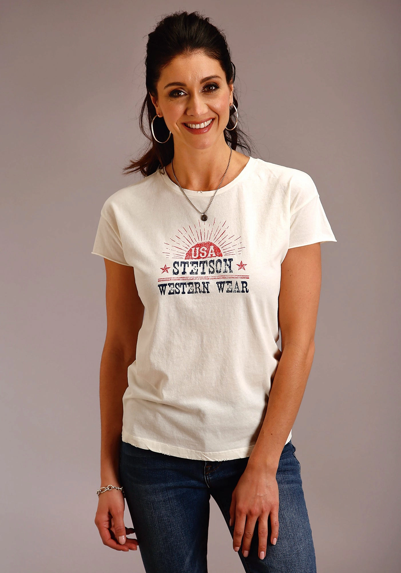 Organic Cotton Stetson Womens White 100% Cotton USA Western Wear S/S T-Shirt