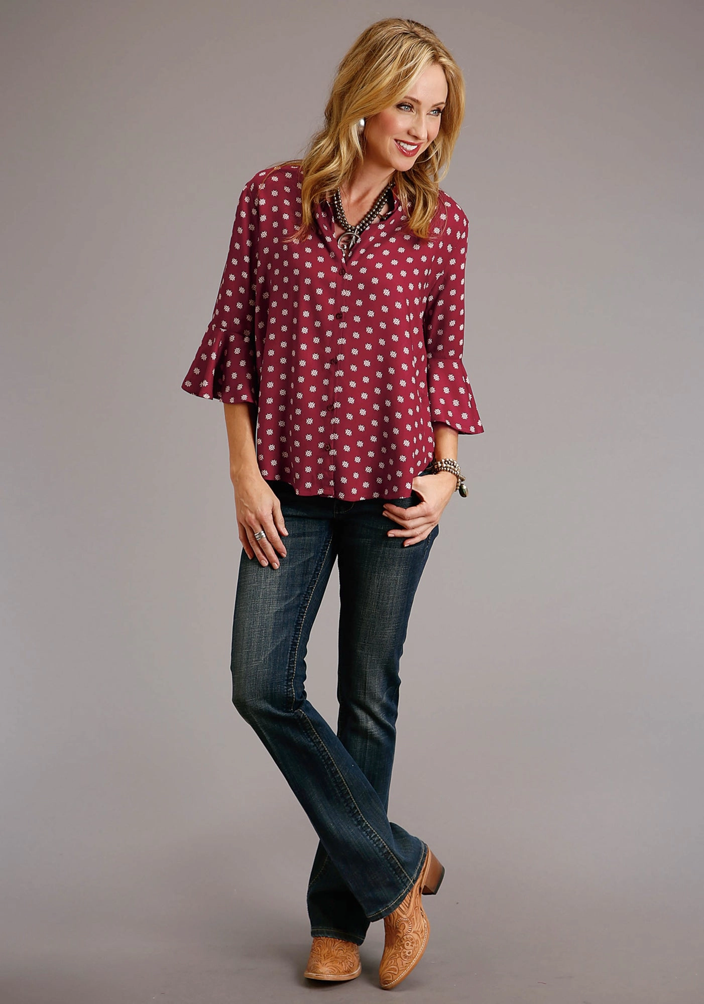 Graphic Art Plus Size Stetson Womens Wine Rayon/Nylon Aztec Ditzy S/S Button Blouse