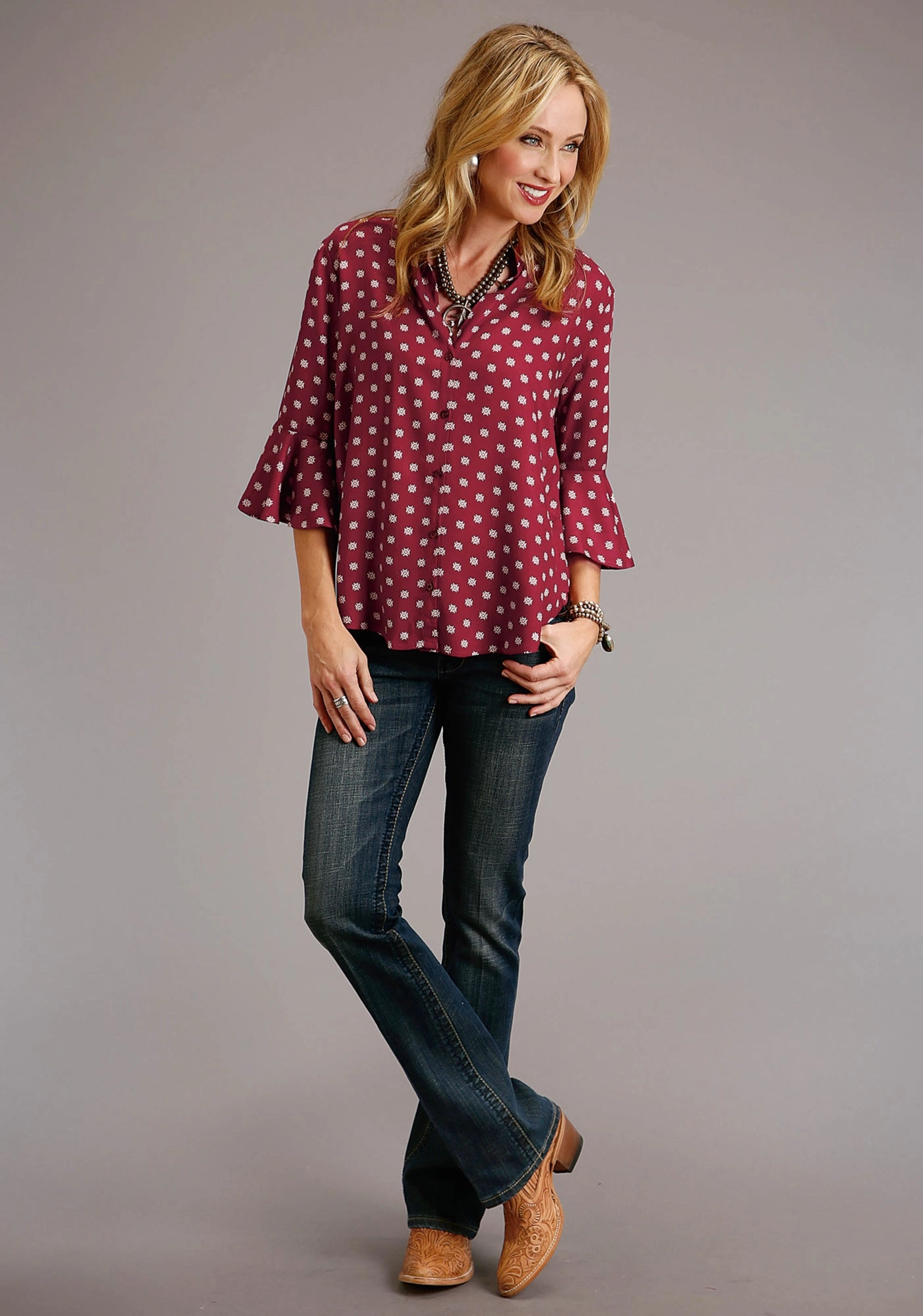 Stetson Womens Wine Rayon/Nylon Aztec Ditzy S/S Button Blouse Corporate Event