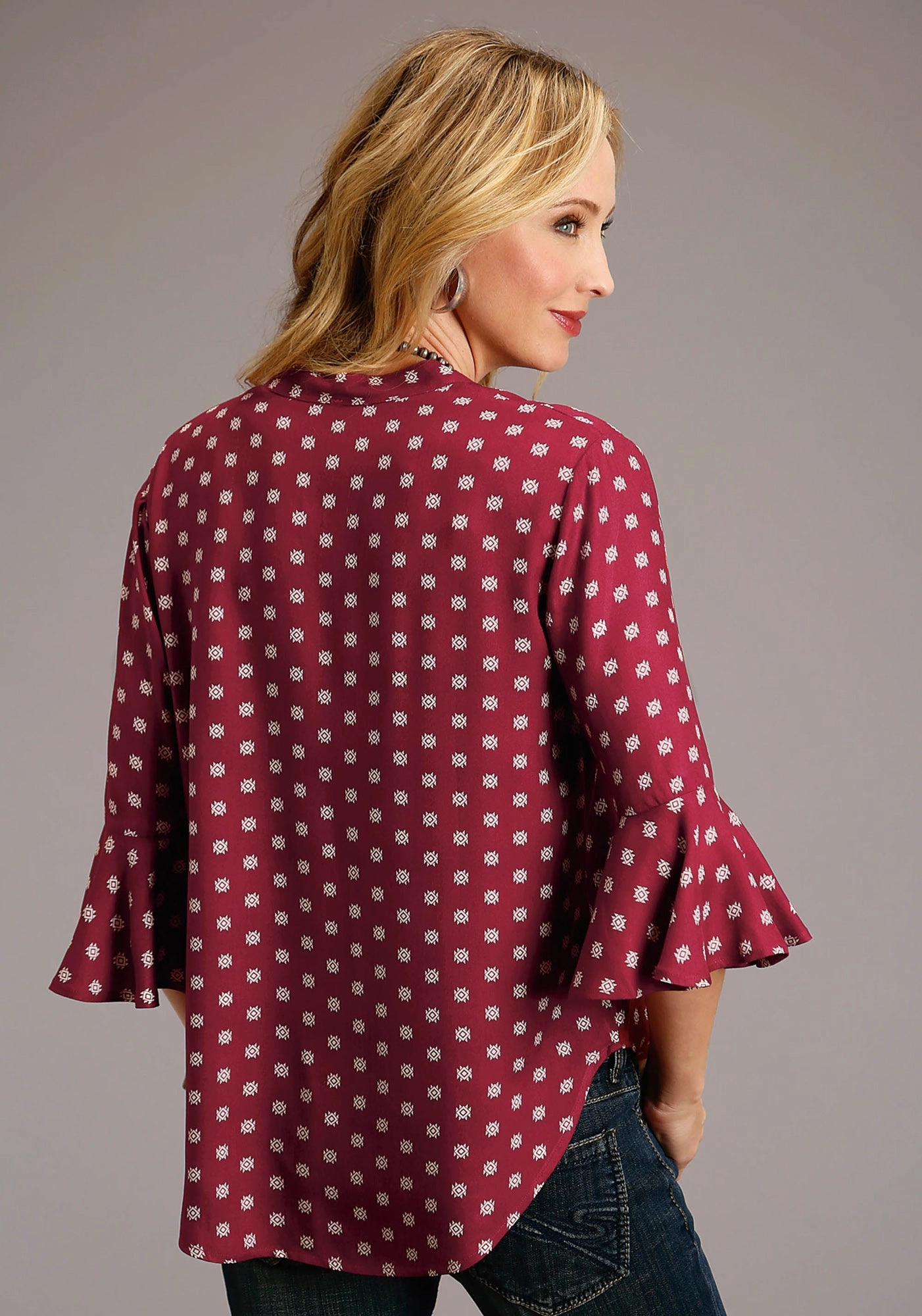 Sophisticated Style Stetson Womens Wine Rayon/Nylon Aztec Ditzy S/S Button Blouse