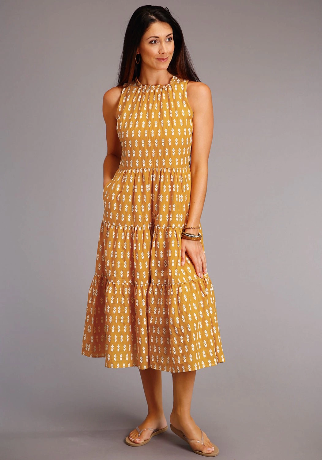 Calm Movement Minimalist Design Stetson Womens Yellow 100% Cotton Aztec Schiffli S/L Dress