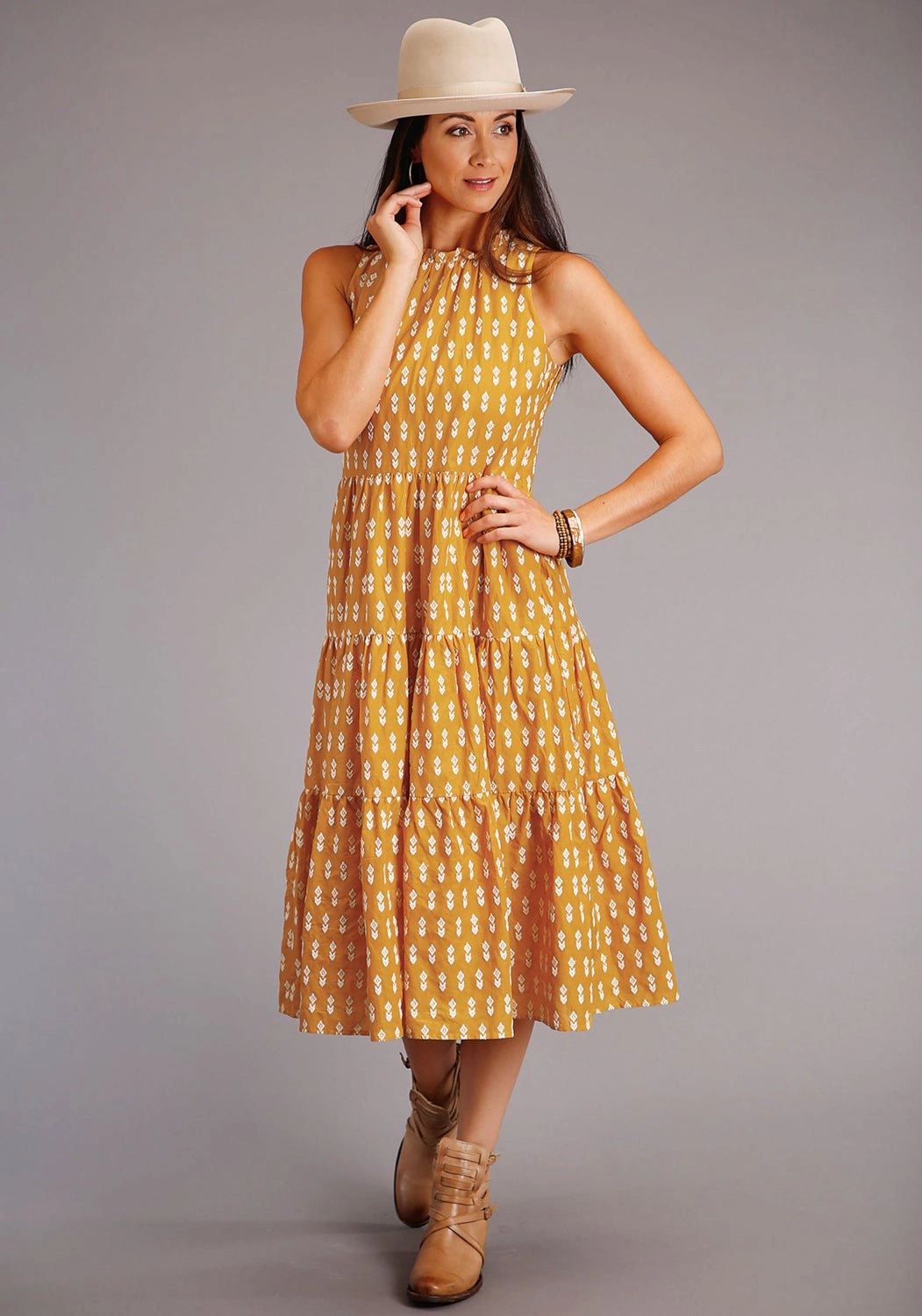 Stetson Womens Yellow 100% Cotton Aztec Schiffli S/L Dress Cool Layering WideRibbed Texture