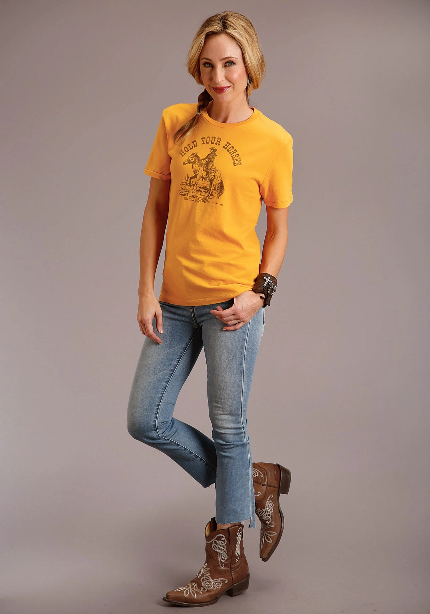 Party Ready Stetson Womens Yellow 100% Cotton Hold Your Horses S/S T-Shirt