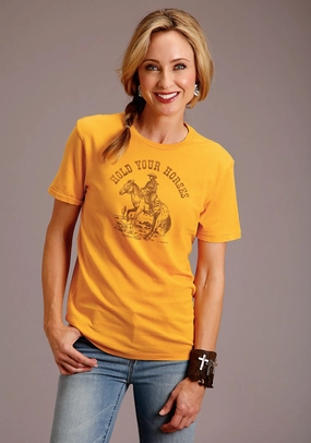 Stetson Womens Yellow 100% Cotton Hold Your Horses S/S T-Shirt Soft touch finish Layered Design