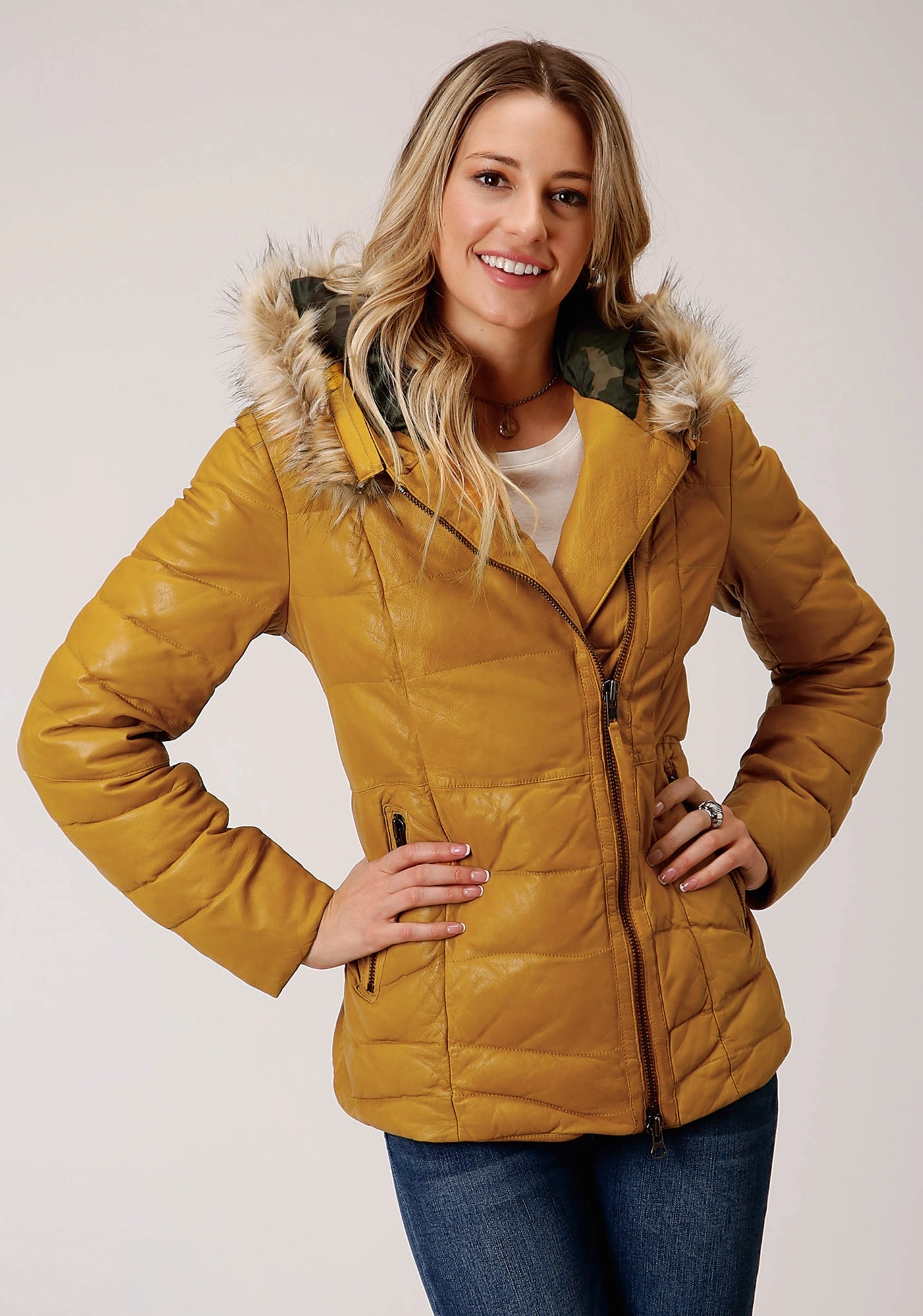 Stetson Womens Yellow Leather Quilted Hooded Jacket Snow Block Outdoor Look