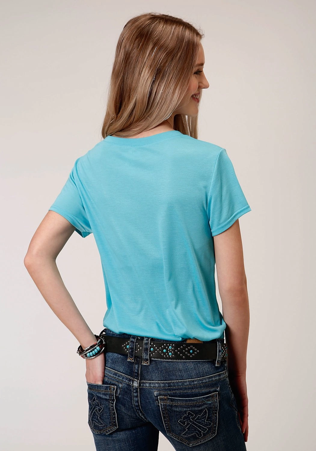 Designer Look Classic Appeal Roper Womens Turquoise Poly/Rayon Horse Rider S/S T-Shirt