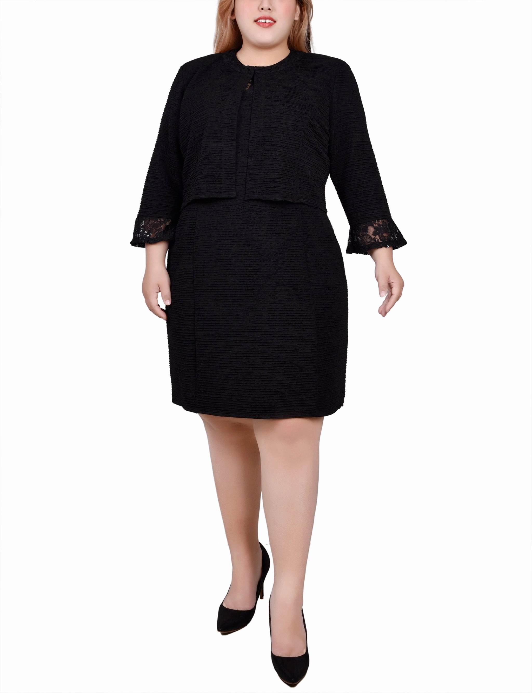 Plus Size Two Piece Novelty Knit and Lace Dress Set Relax Appeal Cozy Flex