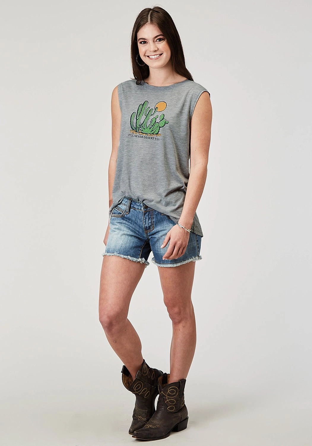 Double Stitched Seams Roper Womens Never Desert You Cactus Grey Poly/Cotton S/L Tank Top