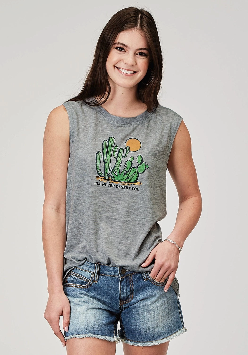 Weekend Outfit Roper Womens Never Desert You Cactus Grey Poly/Cotton S/L Tank Top