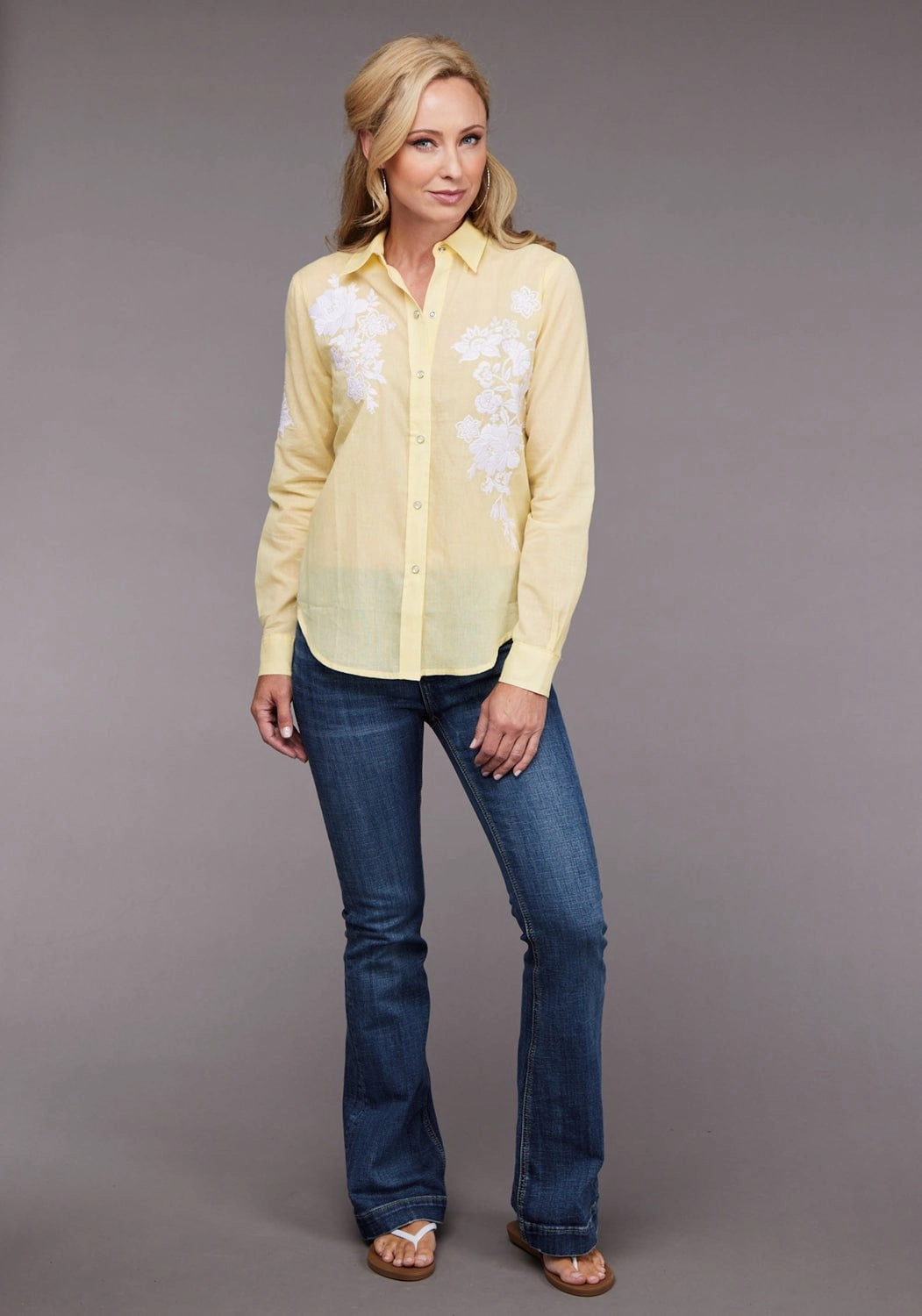 Microfiber Material Fitted Silhouette Stetson Womens 2096 Lawn Button Yellow 100% Cotton L/S Blouse