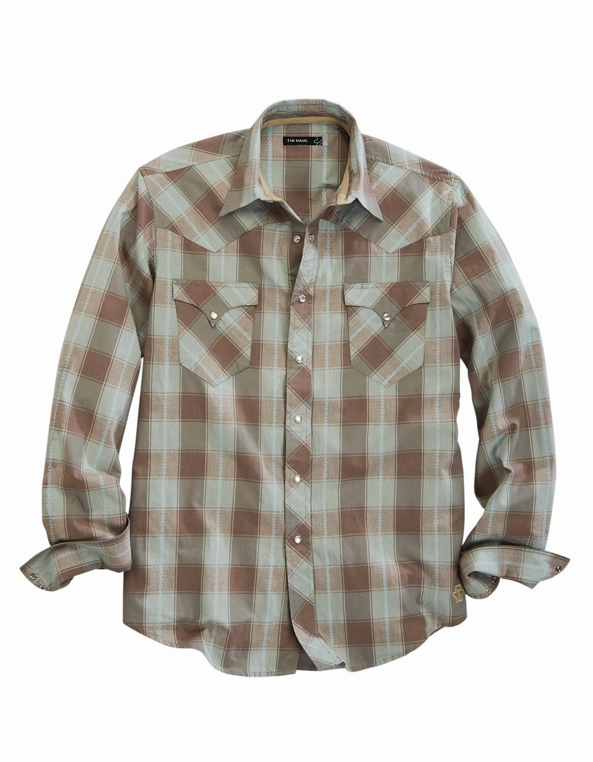 Seamless Sides stain resistant coating Tin Haul Mens Sand Check Dobby Brown 100% Cotton L/S Shirt