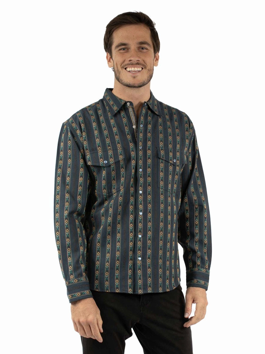 Scully Mens Jacquard Stripe Navy 100% Cotton L/S Shirt Festival Fashion