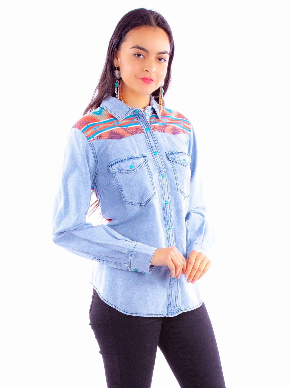 Scully Womens Microfiber Aztec Scene Denim Cotton Blend L/S Shirt Minimalist fashion