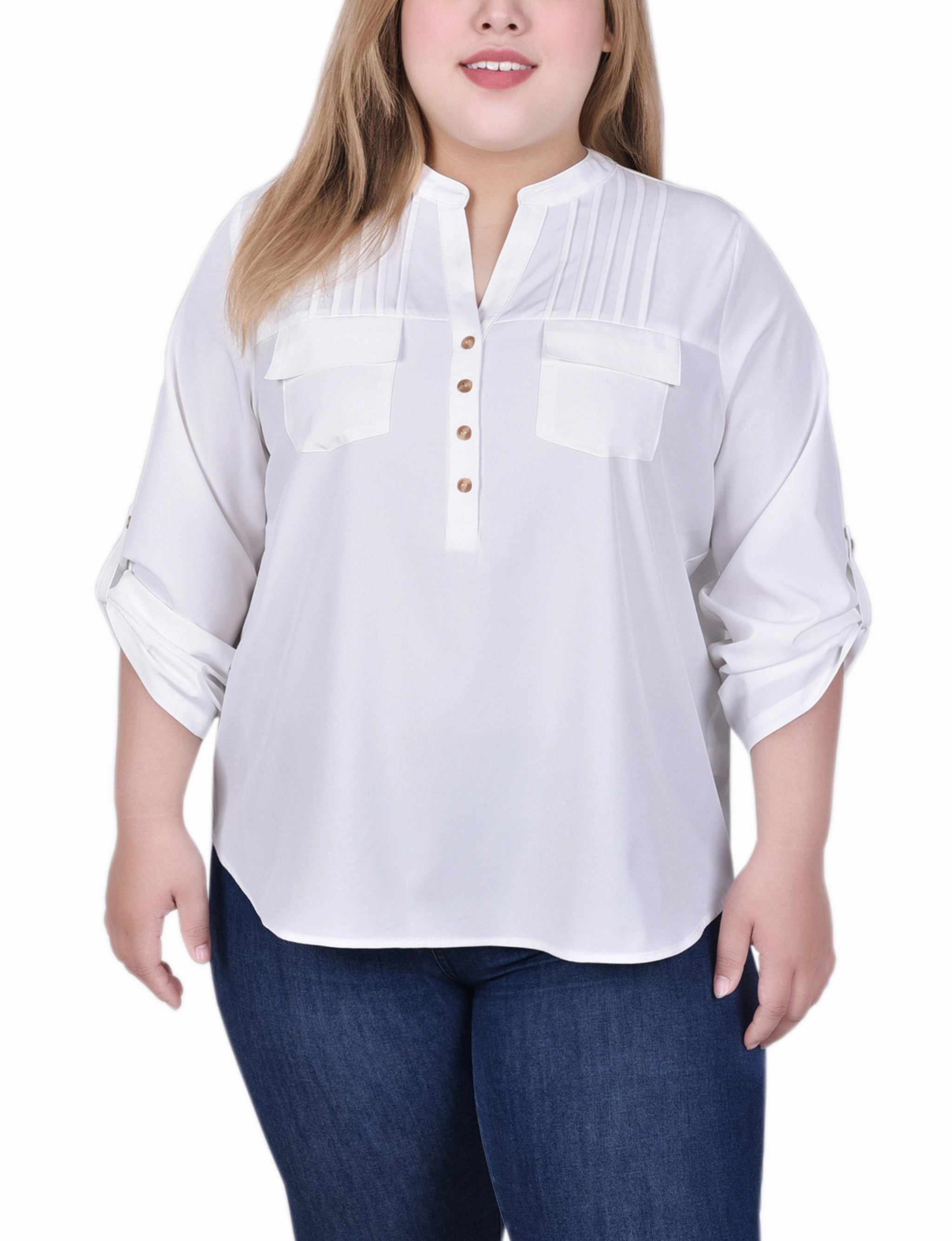 Low Impact Manufacturing MultiFunctional Pocket Placement Long Tab-Sleeve Blouse With Pockets