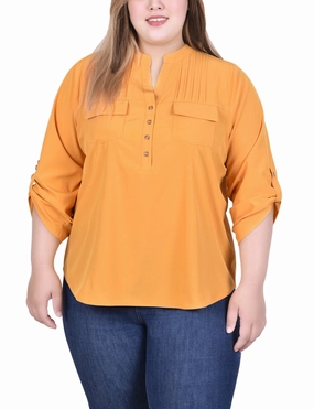 Long Tab-Sleeve Blouse With Pockets Reinforced Hem Professional Wear