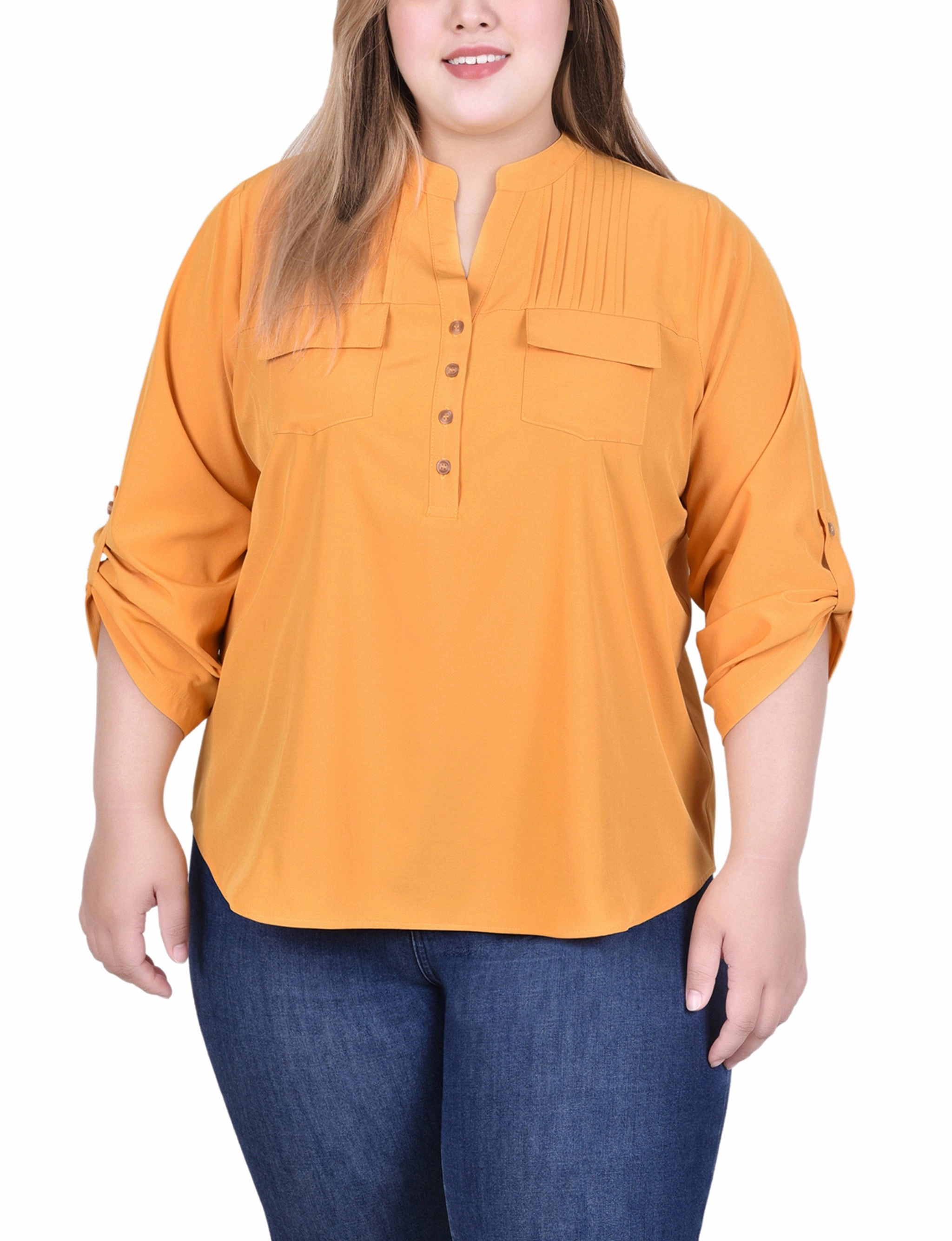 Long Tab-Sleeve Blouse With Pockets MultiPocket Design