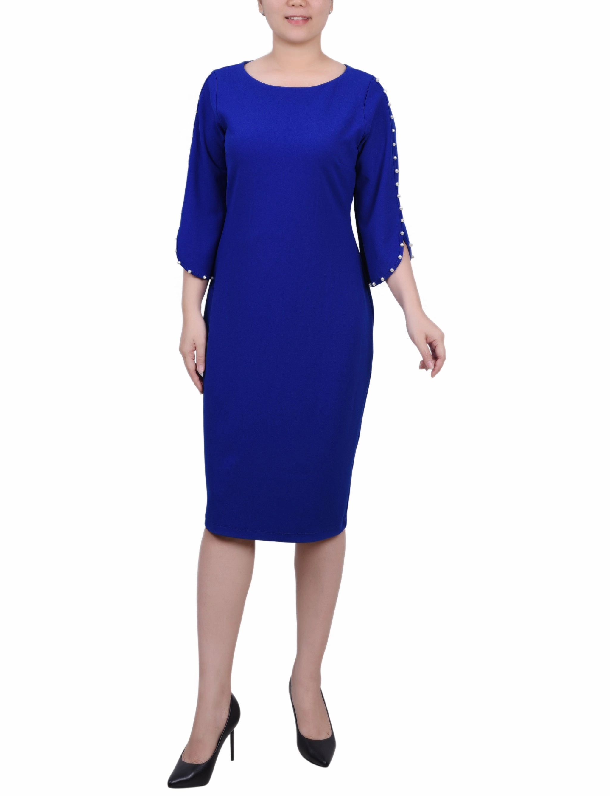 Timeless Comfort Simple Ease Petite 3/4 Pearl-Detail Petal Sleeve Dress