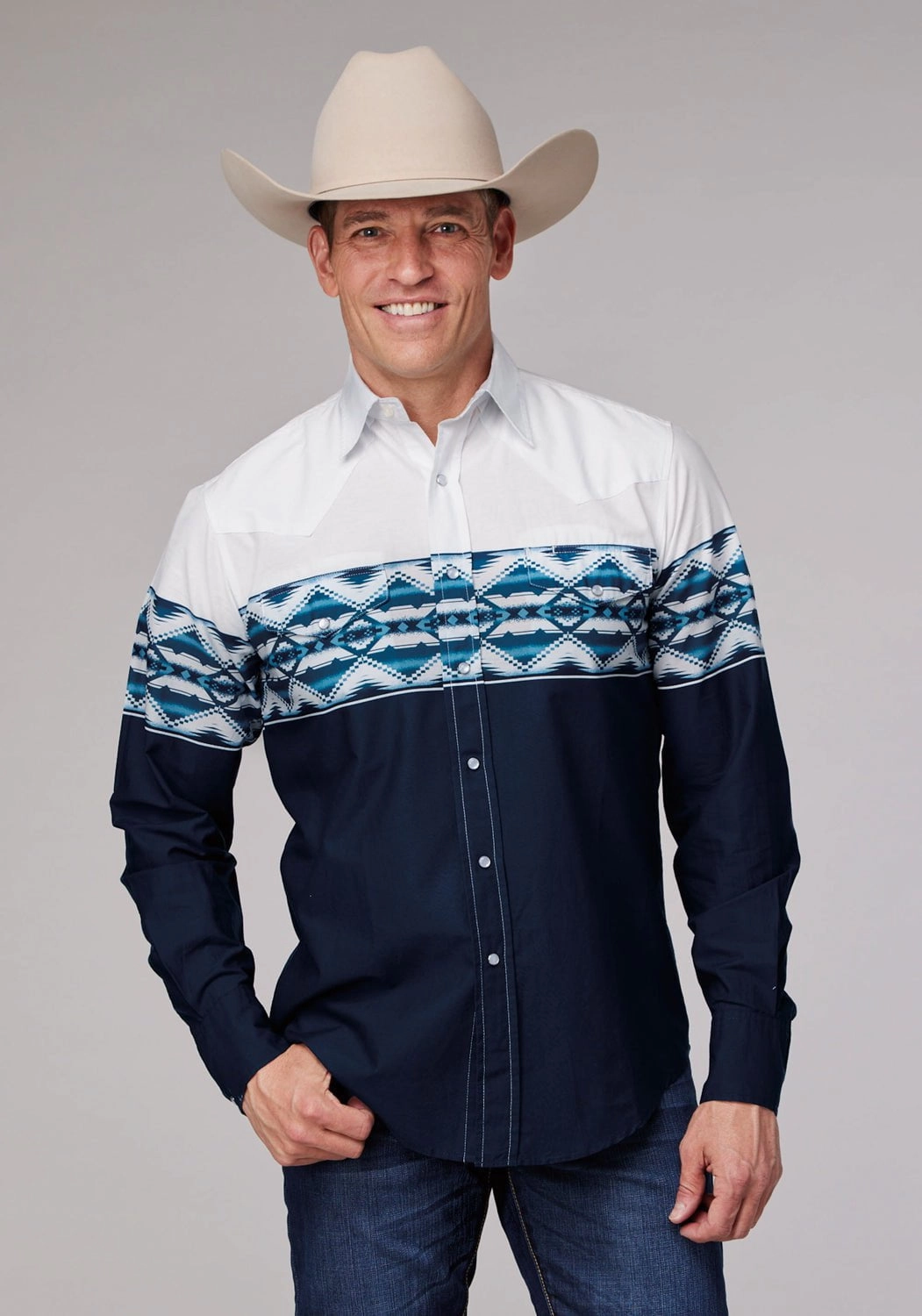 Athleisure Trend Roper Mens 1994 Aztec Border Blue 100% Cotton L/S Shirt
